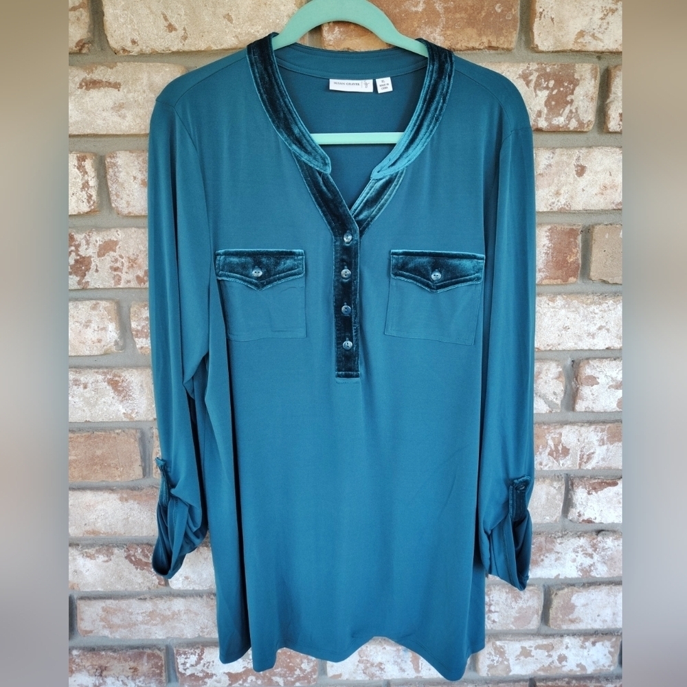 Susan Graver Solid Teal Green Henley Velvet Trim Liquid Knit Top Sz XL Holiday